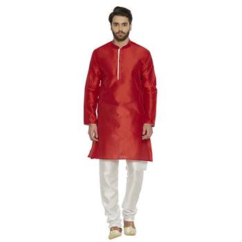 irin Designer Ethnic Blended Silk Red Solid Kurta And White Churidar For Men 1
