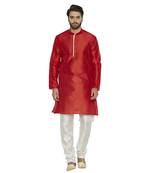 irin Designer Ethnic Blended Silk Red Solid Kurta And White Churidar For Men