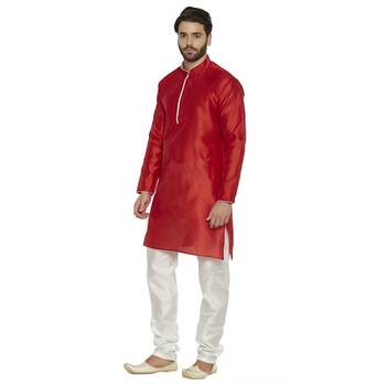 irin Designer Ethnic Blended Silk Red Solid Kurta And White Churidar For Men 2