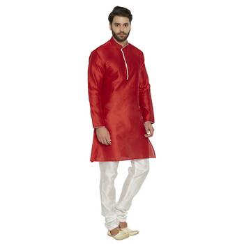 irin Designer Ethnic Blended Silk Red Solid Kurta And White Churidar For Men 3