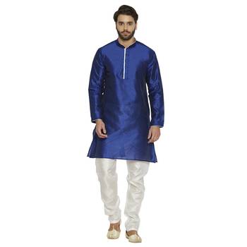 irin Ethnic Blended Silk Royal Blue Solid Kurta And White Churidar For Men 1