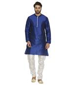 irin Ethnic Blended Silk Royal Blue Solid Kurta And White Churidar For Men