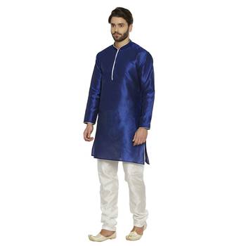 irin Ethnic Blended Silk Royal Blue Solid Kurta And White Churidar For Men 2