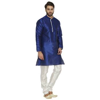 irin Ethnic Blended Silk Royal Blue Solid Kurta And White Churidar For Men 3