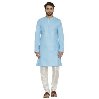 irin Designer Ethnic Poly Cotton Sky Blue Solid Kurta And White Churidar For Men 1