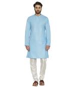 irin Designer Ethnic Poly Cotton Sky Blue Solid Kurta And White Churidar For Men