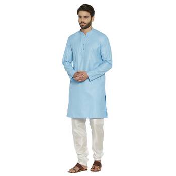 irin Designer Ethnic Poly Cotton Sky Blue Solid Kurta And White Churidar For Men 2