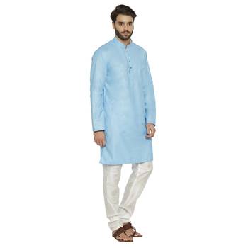 irin Designer Ethnic Poly Cotton Sky Blue Solid Kurta And White Churidar For Men 3