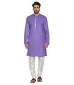irin Designer Ethnic Poly Cotton Purple Solid Kurta And White Churidar For Men
