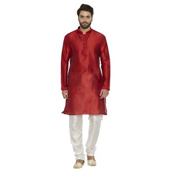 irin Ethnic Blended Silk Maroon Embroidery Kurta And White Churidar For Men 1
