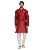 irin Ethnic Blended Silk Maroon Embroidery Kurta And White Churidar For Men