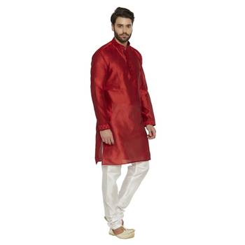 irin Ethnic Blended Silk Maroon Embroidery Kurta And White Churidar For Men 3