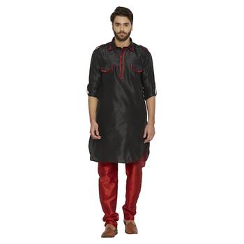 Irin Ethnic Blended Silk Solid Black Pathani Kurta And Maroon Churidar For Men 1