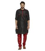 Irin Ethnic Blended Silk Solid Black Pathani Kurta And Maroon Churidar For Men