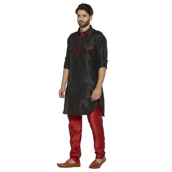 Irin Ethnic Blended Silk Solid Black Pathani Kurta And Maroon Churidar For Men 2