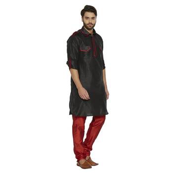 Irin Ethnic Blended Silk Solid Black Pathani Kurta And Maroon Churidar For Men 3