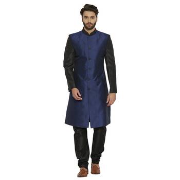 Irin Designer Ethnic Blended Silk Blue And Black Indo-Western Sherwani For Men 1