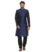 Irin Designer Ethnic Blended Silk Blue And Black Indo-Western Sherwani For Men