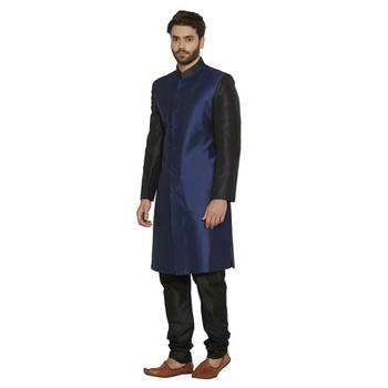 Irin Designer Ethnic Blended Silk Blue And Black Indo-Western Sherwani For Men 2