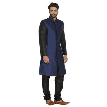 Irin Designer Ethnic Blended Silk Blue And Black Indo-Western Sherwani For Men 3