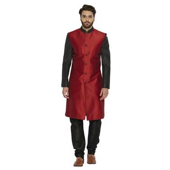 Irin Designer Ethnic Blended Silk Red And Black Indo-Western Sherwani For Men 1