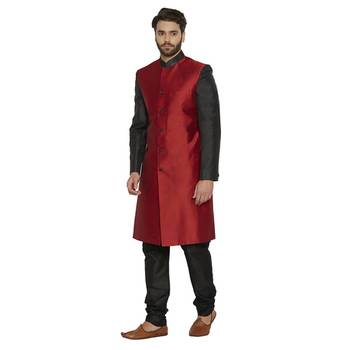 Irin Designer Ethnic Blended Silk Red And Black Indo-Western Sherwani For Men 2