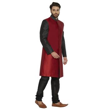 Irin Designer Ethnic Blended Silk Red And Black Indo-Western Sherwani For Men 3