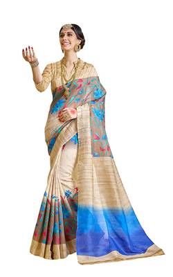 Cream Printed Bhagalpuri Silk Saree With Blouse 1