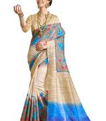 Cream Printed Bhagalpuri Silk Saree With Blouse