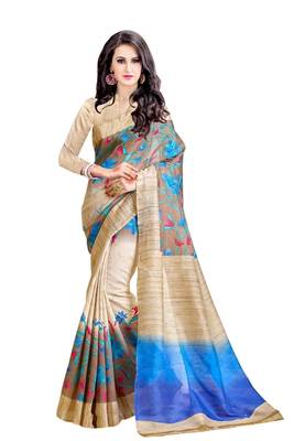 Cream Printed Bhagalpuri Silk Saree With Blouse 2