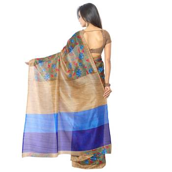 Cream Printed Bhagalpuri Silk Saree With Blouse 3