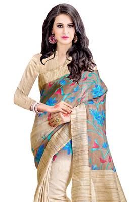 Cream Printed Bhagalpuri Silk Saree With Blouse 4