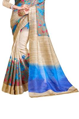 Cream Printed Bhagalpuri Silk Saree With Blouse 5