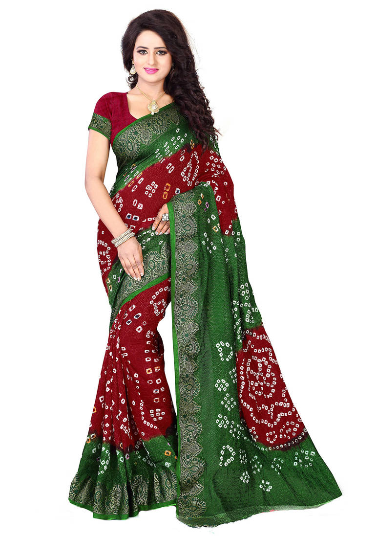 Maroon printed cotton silk saree with blouse