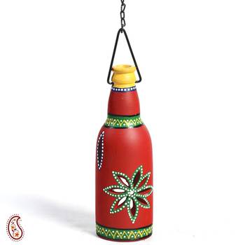 Red Terracotta Bottle Lantern With Hand Painted Motifs 1
