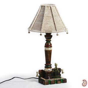Tribal Art Work Wood Base Table Lamp With Jute Cord Shade 1