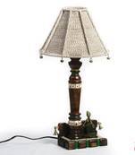 Tribal Art Work Wood Base Table Lamp With Jute Cord Shade
