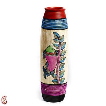 Multicolor Hand Painted Terracotta Vase With Fish And Leaf Motifs 1