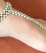 Gold Tone Crystal Pearl Anklets Payal Pair With Toe Ring Attached