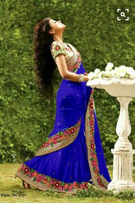 Blue Plain Georgette Saree With Blouse 1