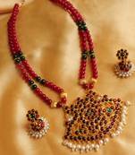 Beautiful Handmade Red Green Beaded Temple Necklace Set