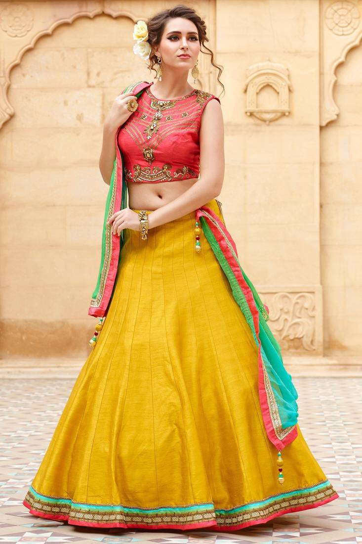 Yellow plain bhagalpuri silk lehenga with choli