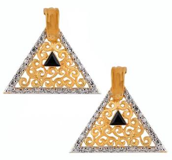 Triangle Gold Plated Filigree American Diamond Black Stone Earring 1
