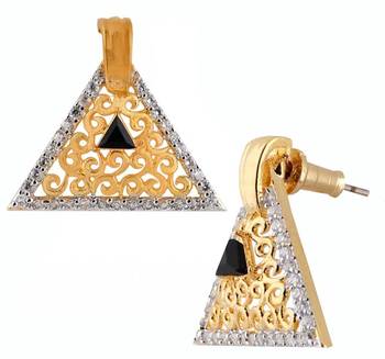 Triangle Gold Plated Filigree American Diamond Black Stone Earring 2