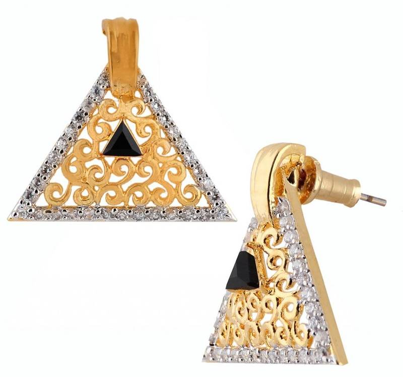 Triangle Gold Plated Filigree American Diamond Black Stone Earring