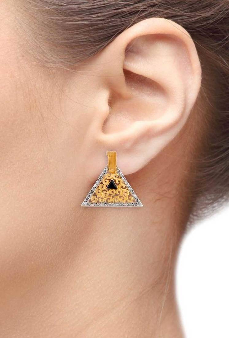 Triangle Gold Plated Filigree American Diamond Black Stone Earring