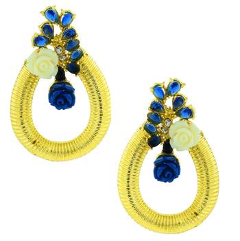 Designer Flower Gold Plated American Diamond Sapphire Blue Earring For Women 1