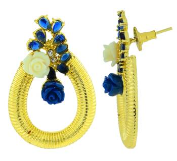 Designer Flower Gold Plated American Diamond Sapphire Blue Earring For Women 2