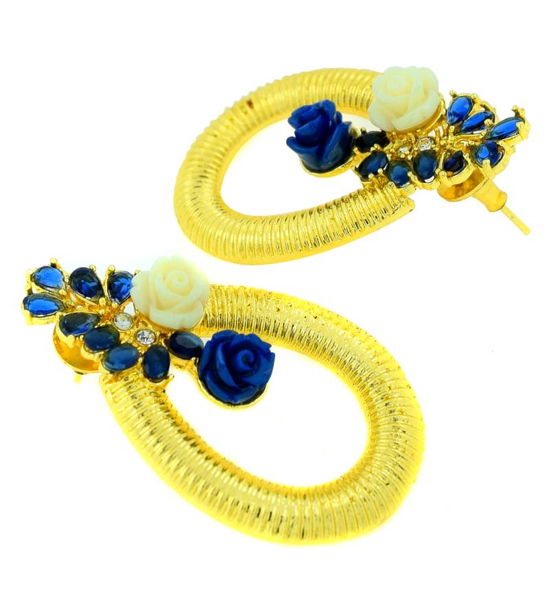 Designer Flower Gold Plated American Diamond Sapphire Blue Earring For Women