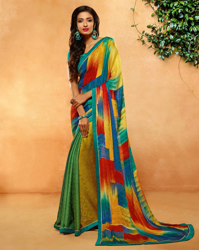 Multicolor printed crepe saree with blouse